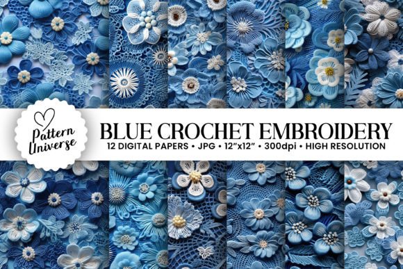 Blue Crochet Embroidery Digital Papers