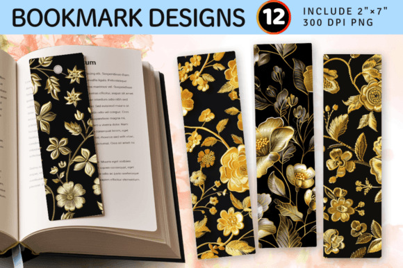 Gold Flowers Embroidery PNG Bookmark Design