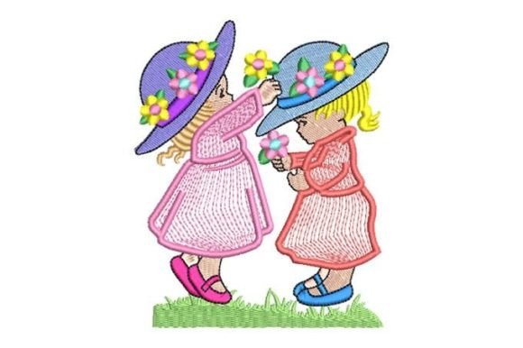 Stitching the Girls with Hat Playing with Flowers Design